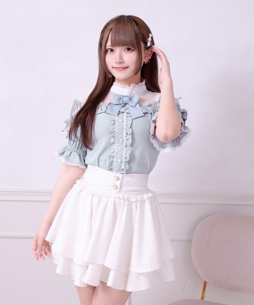 Pal elfy tシャツ 半袖 リボン付きレースフリルトップス レディース
