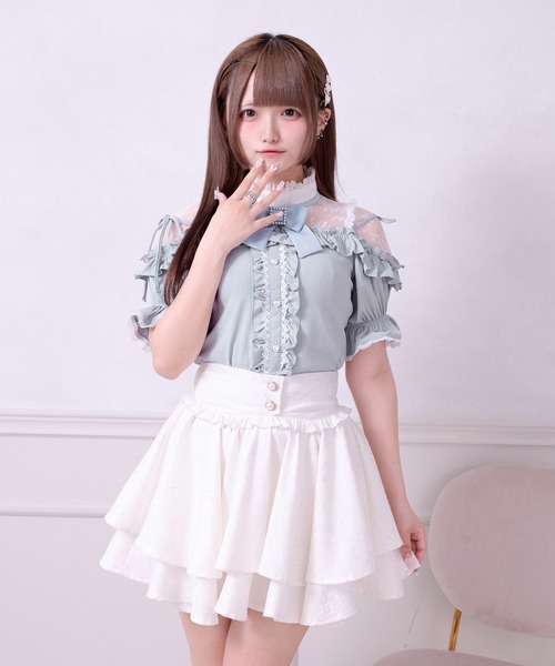 Pal elfy tシャツ 半袖 リボン付きレースフリルトップス レディース