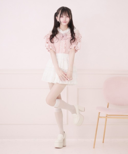 Pal elfy tシャツ 半袖 リボン付きレースフリルトップス レディース