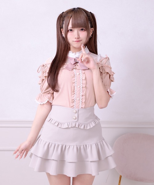 Pal elfy tシャツ 半袖 リボン付きレースフリルトップス レディース