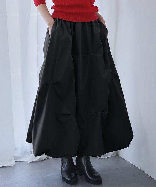 ELFRANK スカート ランダムタック ミモレ丈 バルーンスカート