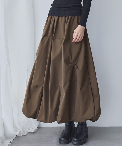 ELFRANK スカート ランダムタック ミモレ丈 バルーンスカート