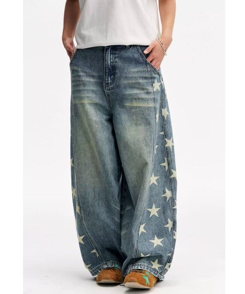 AsRiRe ジーンズ デニム デニムパンツ 星柄サイドラインバギーデニム