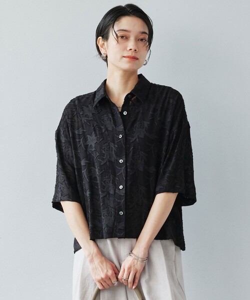 ブラウス シャツ カット ジャガード ショートスリーブ シャツ レディースの画像