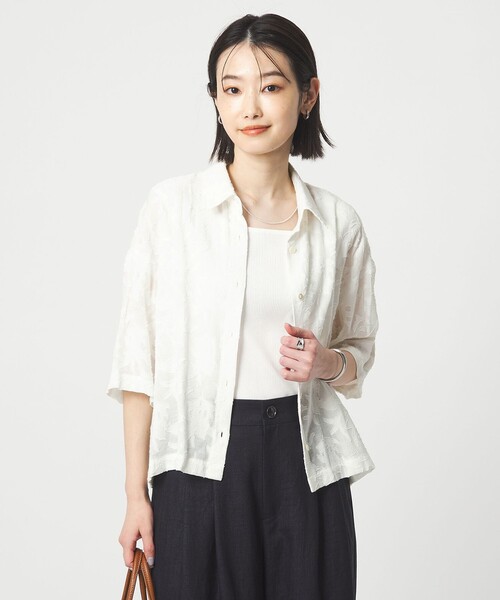 ブラウス シャツ カット ジャガード ショートスリーブ シャツ レディースの画像