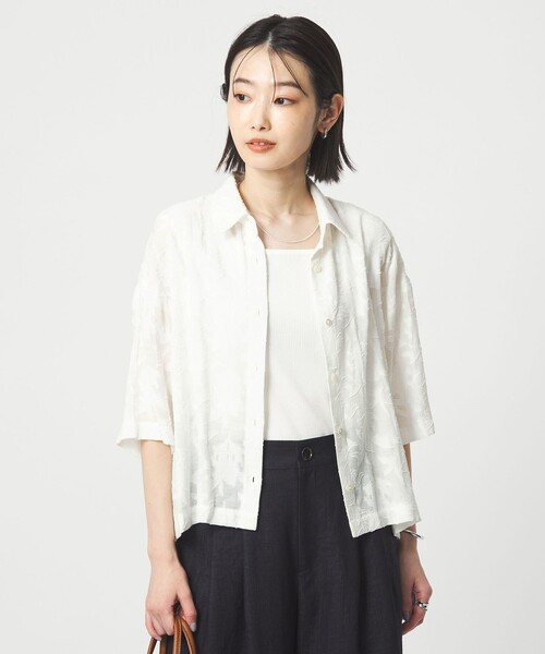 ブラウス シャツ カット ジャガード ショートスリーブ シャツ レディースの画像