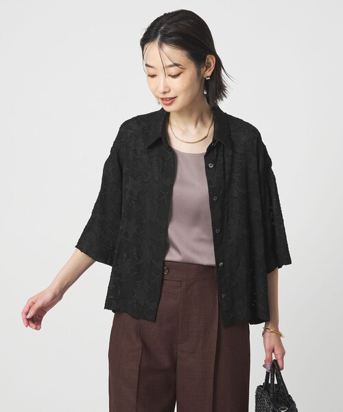 ブラウス シャツ カット ジャガード ショートスリーブ シャツ レディースの画像