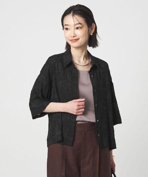 ブラウス シャツ カット ジャガード ショートスリーブ シャツ レディースの画像
