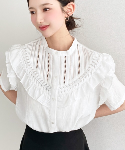 moment+ ブラウス シャツ 半袖 RNスラブ半袖フリルピンタックブラウス
