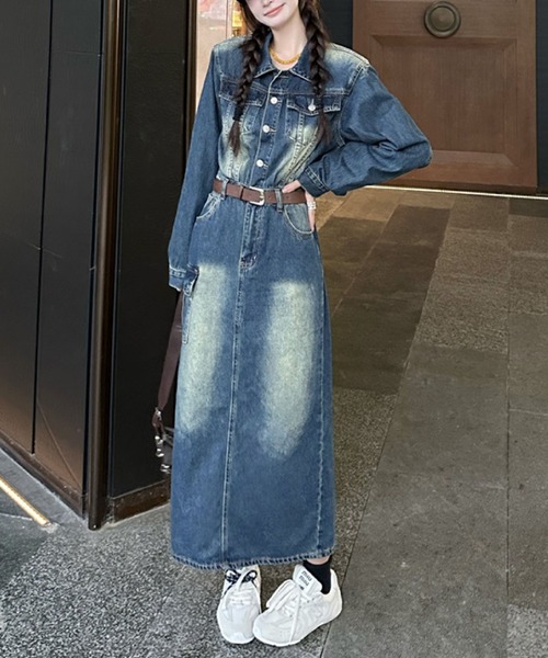LAUREN マキシ丈デニムシャツワンピース 長袖 ベルト付き 2ly2 ワンピース ヴィンテージ風デニムワンピース ベルト付き ロング丈