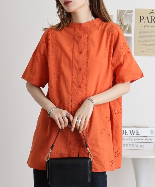 mitis ブラウス シャツ 綿キャンブリック 刺繍切替えデザイン