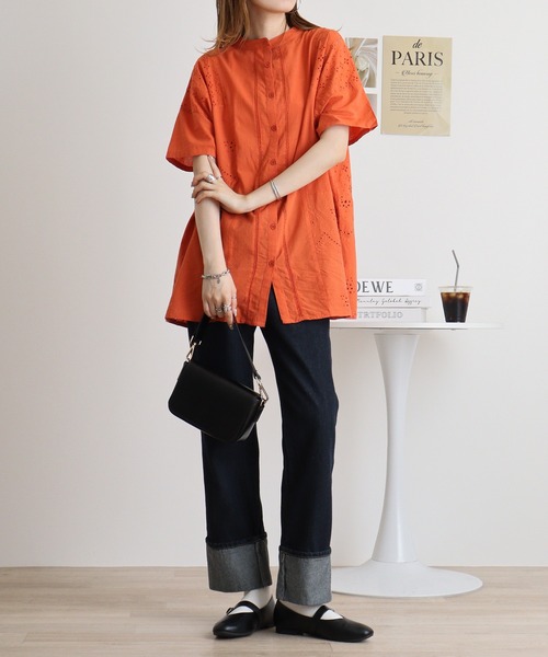 ブラウス シャツ mitis 綿キャンブリック 刺繍切替えデザインシャツ レディース mitis ブラウス シャツ 綿キャンブリック 刺繍切替えデザイン