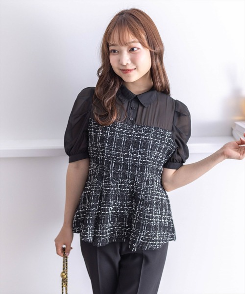 tシャツ ツイードペプラムトップス レディース clear tシャツ シアーブラウスドッキングツイードペプラム