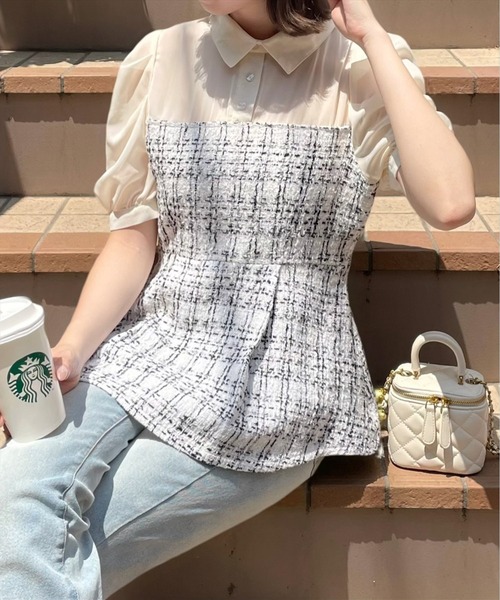 clear tシャツ シアーブラウスドッキングツイードペプラム