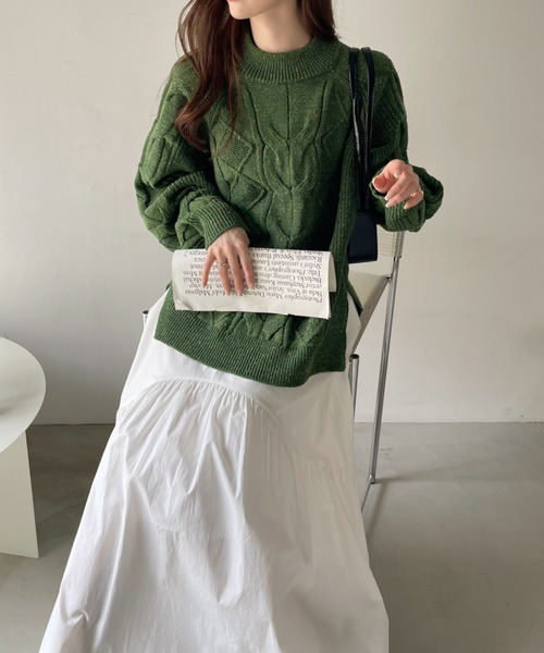 オリーブグリーン ニットセーター サイズ14 Eclat one ニット セーター カラーネップケーブルオーバーサイズニット