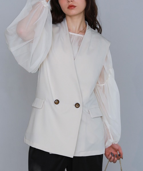 ベスト ジレ ダブルボタン ツイルノーカラージレ レディース shetila ベスト ジレ ダブルボタン ツイルノーカラージレ