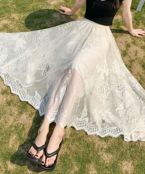 2ly2 スカート クラシカル美人♪刺繍レースフレアスカート