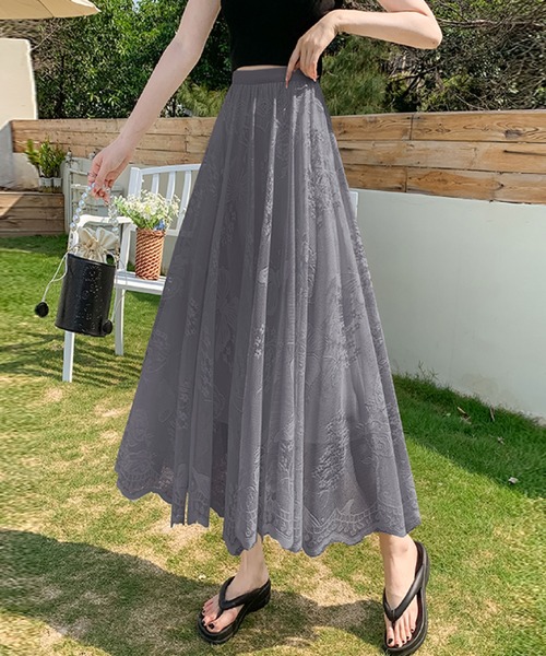 ケイタムラヤマ　スカート　刺繍　レース　毛100% グレー　日本製 2ly2 スカート クラシカル美人♪刺繍レースフレアスカート : ZOZOTOWN