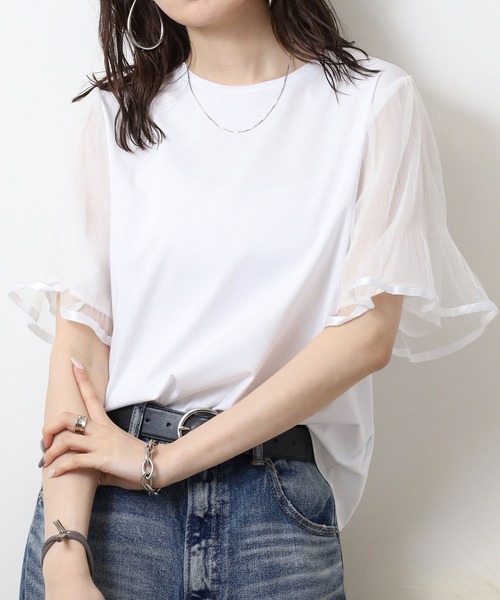 tシャツ EGLANTINE 袖チュールレイヤード半袖カットソー レディース