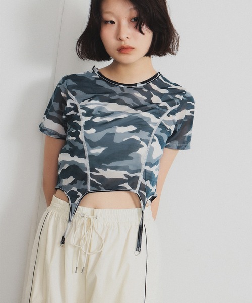 tシャツ カモフラ パターン ガーターベルト トップス レディース
