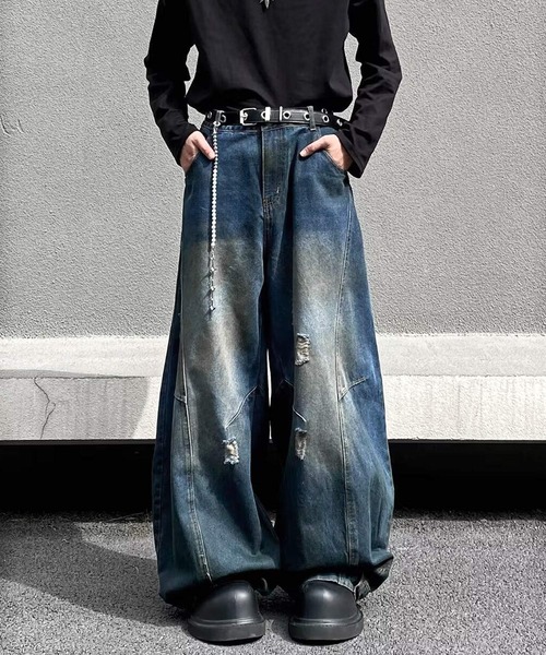 「JOHNNY WOLF」 ダメージ加工デニムパンツ L ブルー メンズ