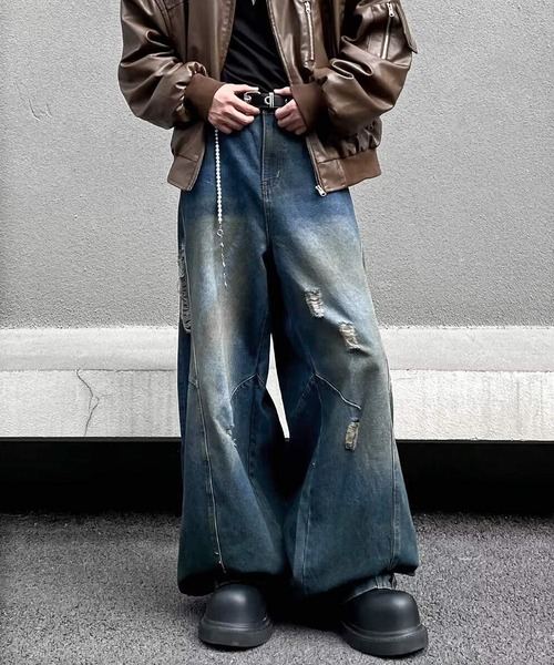 「JOHNNY WOLF」 ダメージ加工デニムパンツ L ブルー メンズ