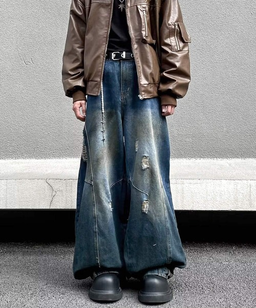 「JOHNNY WOLF」 ダメージ加工デニムパンツ L ブルー メンズ