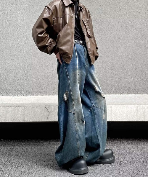 「JOHNNY WOLF」 ダメージ加工デニムパンツ L ブルー メンズ