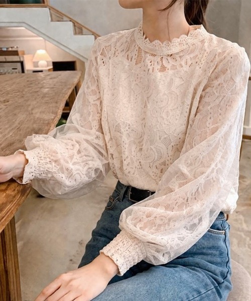 cammie ブラウス シャツ チュール重ね袖ボリュームレーストップス