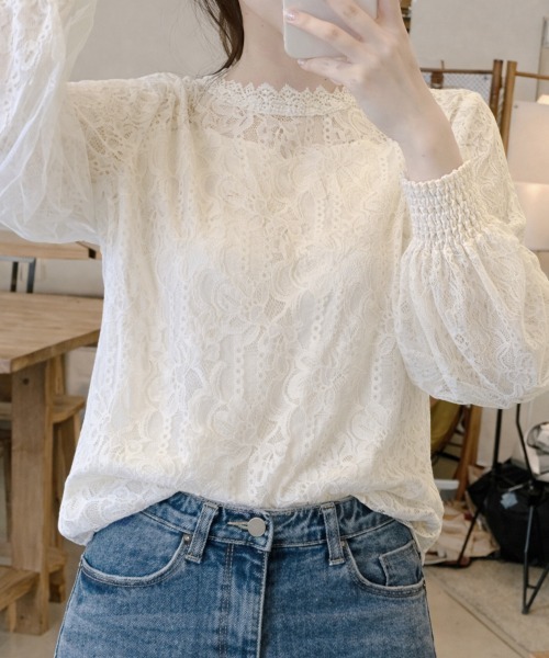cammie ブラウス シャツ チュール重ね袖ボリュームレーストップス 