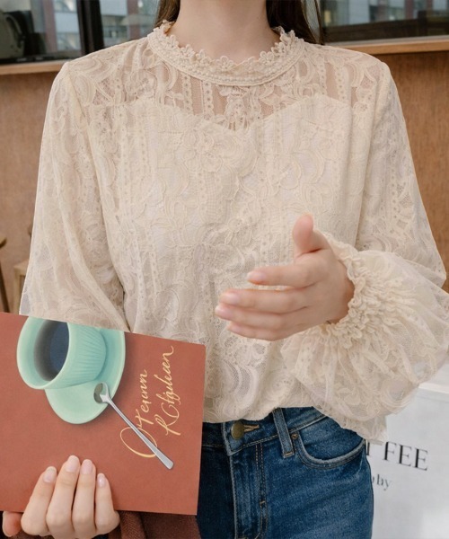 cammie ブラウス シャツ チュール重ね袖ボリュームレーストップス 