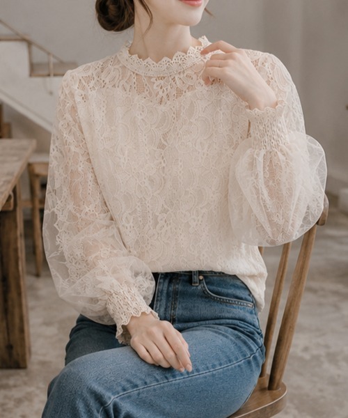 cammie ブラウス シャツ チュール重ね袖ボリュームレーストップス