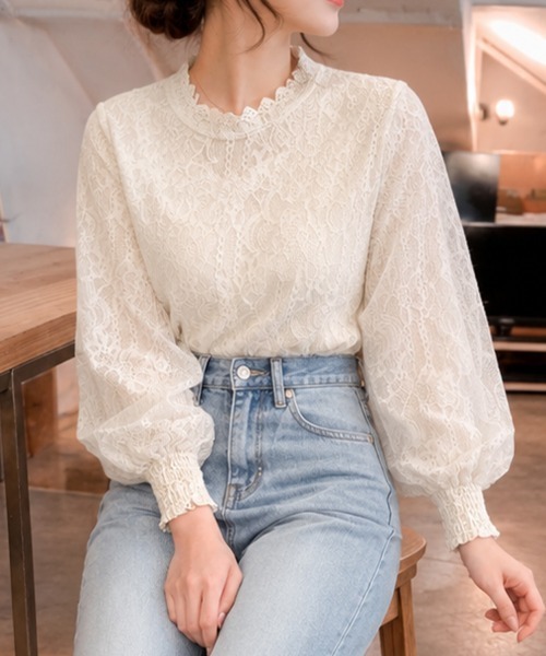 cammie ブラウス シャツ チュール重ね袖ボリュームレーストップス