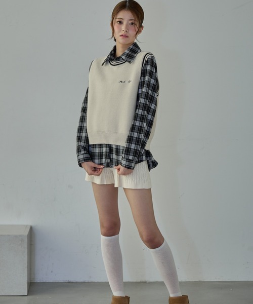 Nadana ブラウス シャツ 「2点セット」ニットベスト付きチェックシャツ
