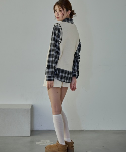 Nadana ブラウス シャツ 「2点セット」ニットベスト付きチェックシャツ