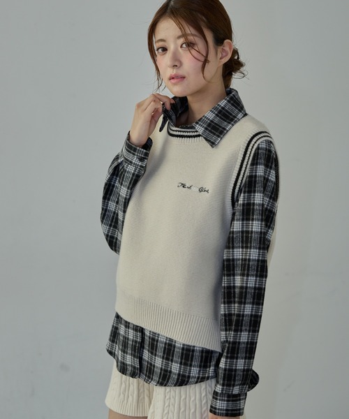 Nadana ブラウス シャツ 「2点セット」ニットベスト付きチェックシャツ