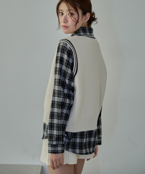 Nadana ブラウス シャツ ニットベスト付きチェックシャツ レディース