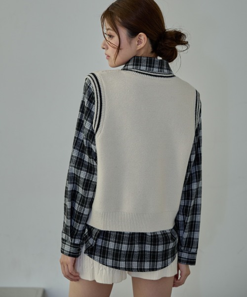 Nadana ブラウス シャツ 「2点セット」ニットベスト付きチェックシャツ