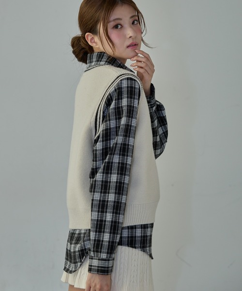 ニットベスト付きチェックコンビブラウス Nadana ブラウス シャツ ニットベスト付きチェックシャツ レディース