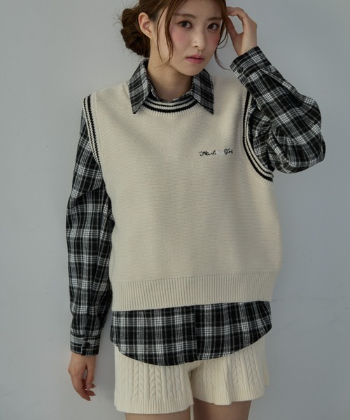 Nadana ブラウス シャツ 「2点セット」ニットベスト付きチェックシャツ