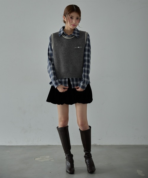 Nadana ブラウス シャツ ニットベスト付きチェックシャツ レディース