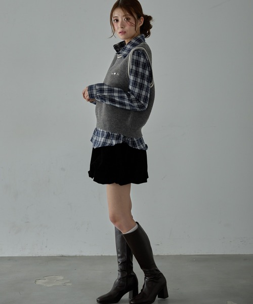 ニットベスト付きチェックコンビブラウス Nadana ブラウス シャツ ニットベスト付きチェックシャツ レディース