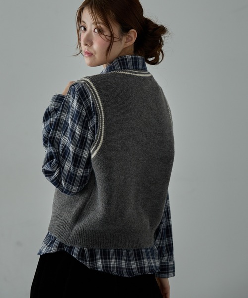 Nadana ブラウス シャツ 「2点セット」ニットベスト付きチェックシャツ