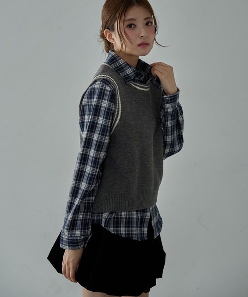 ニットベスト付きチェックコンビブラウス Nadana ブラウス シャツ ニットベスト付きチェックシャツ レディース