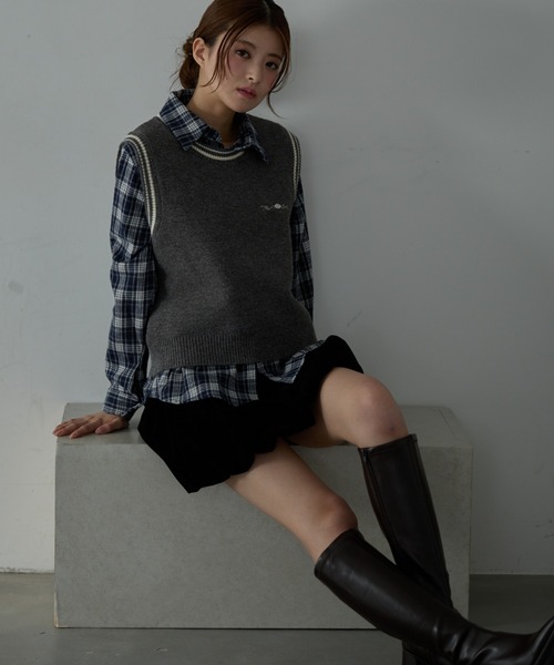 Nadana ブラウス シャツ 「2点セット」ニットベスト付きチェックシャツ