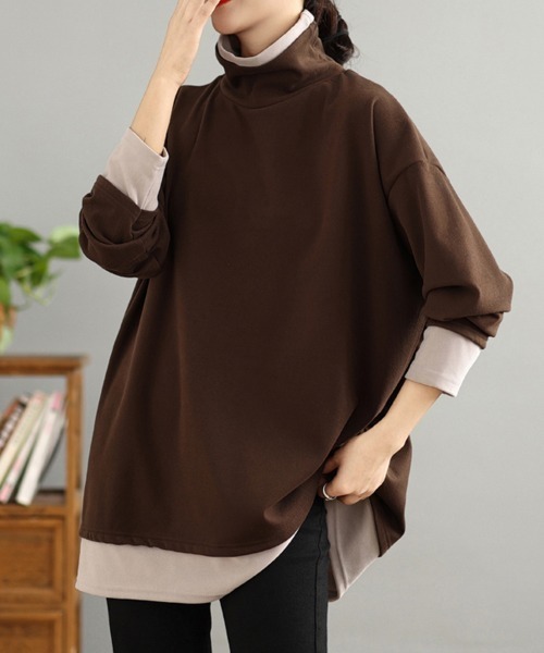 tシャツ 配色切替タートルネックチュニック レディース : ZOZOTOWN
