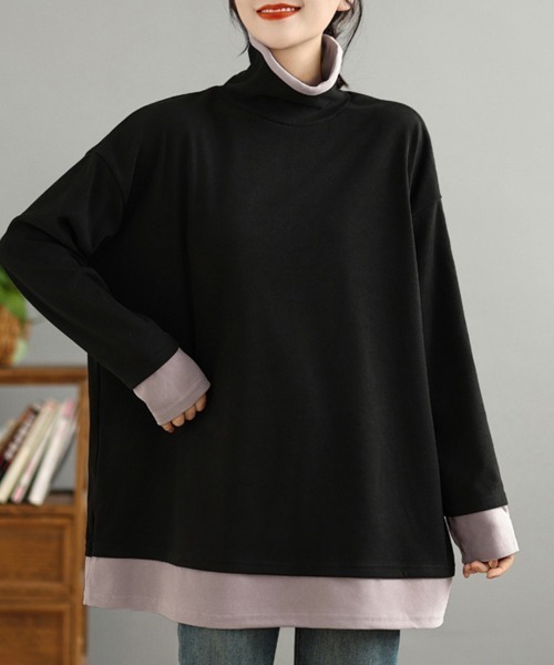 tシャツ 配色切替タートルネックチュニック レディース : ZOZOTOWN