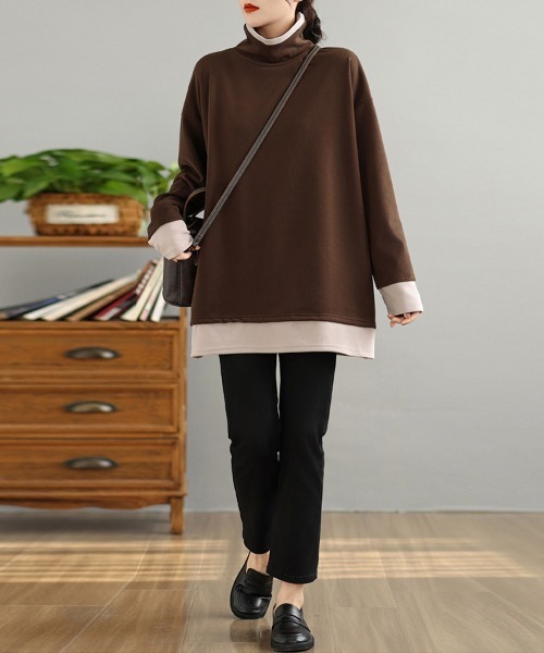 tシャツ 配色切替タートルネックチュニック レディース : ZOZOTOWN