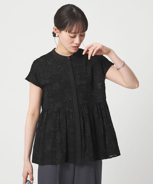 ブラウス シャツ カット ジャガード フレンチスリーブ ブラウス レディースの画像