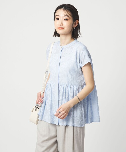 ブラウス シャツ カット ジャガード フレンチスリーブ ブラウス レディースの画像